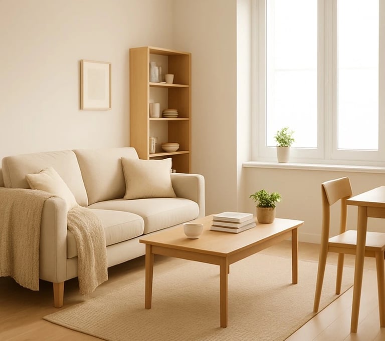 A cozy and functional small living space featuring warm lighting, smart furniture layout.