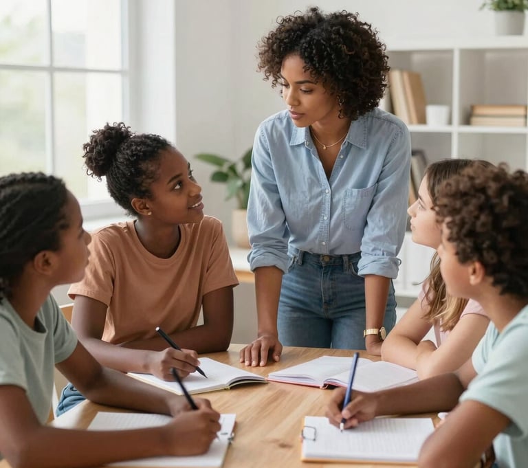 A warm, inviting classroom scene with a tutor guiding a diverse group of engaged students.