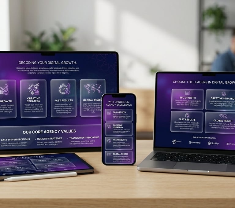 A laptop, tablet, and smartphone on a wooden desk displaying digital marketing agency service web pages.