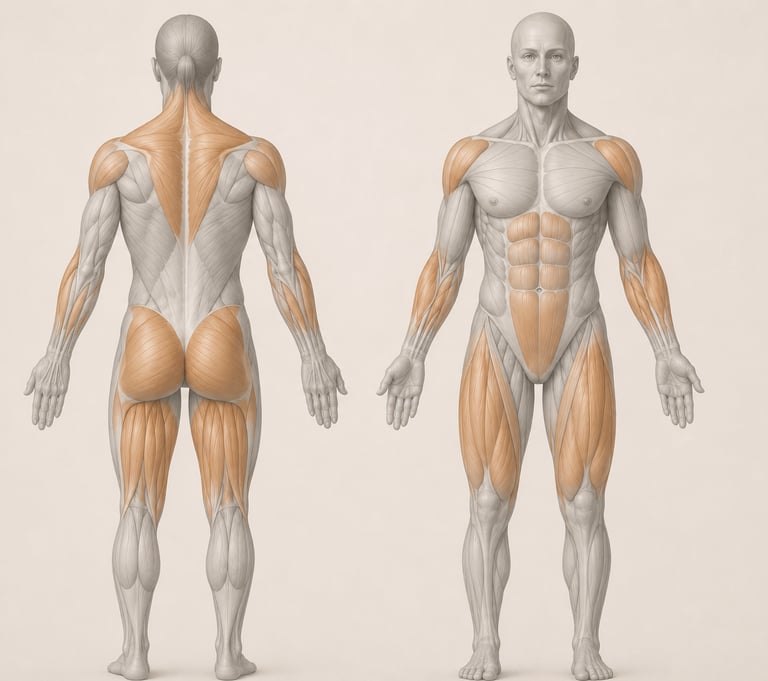 Diagramme anatomique mettant en évidence les muscles travaillés par l'exercice Farmer Carry