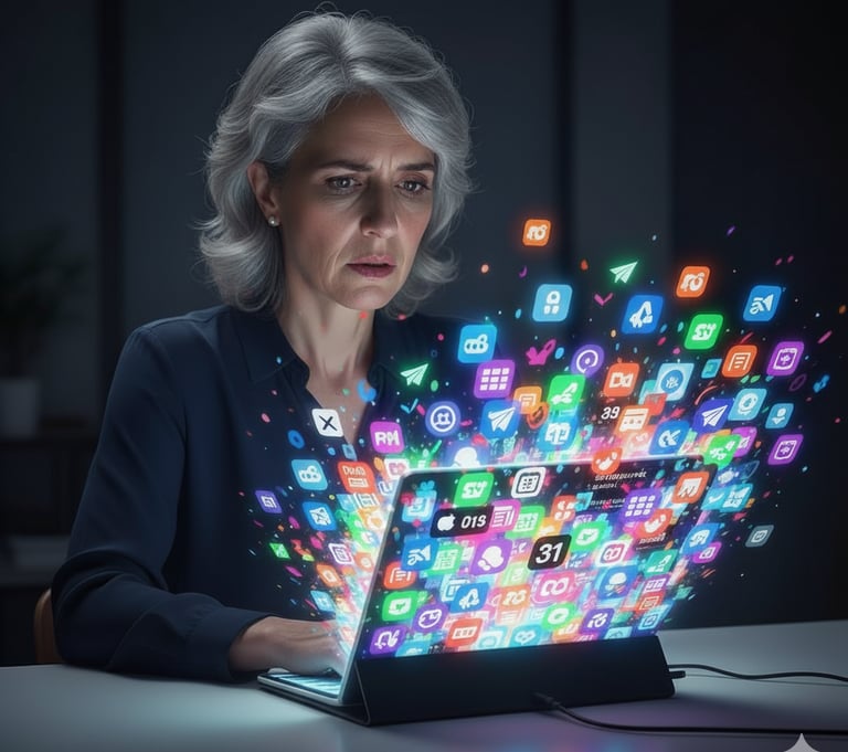 A business woman looks overwhelmed by unused, glowing AI productivity apps