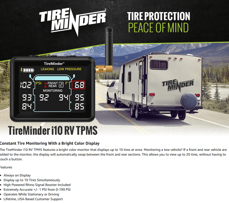 TireMinder i10 RV TPMS system display showing real-time tire pressure, essential RV tech for 2025.