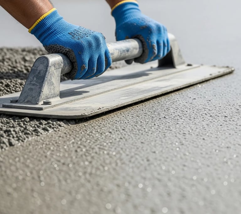 a person wearing gloves is smoothening the freshly poured concrete