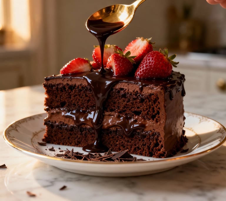 chocolate cake with rich ganache and fresh strawberries in warm light on an elegant table setting
