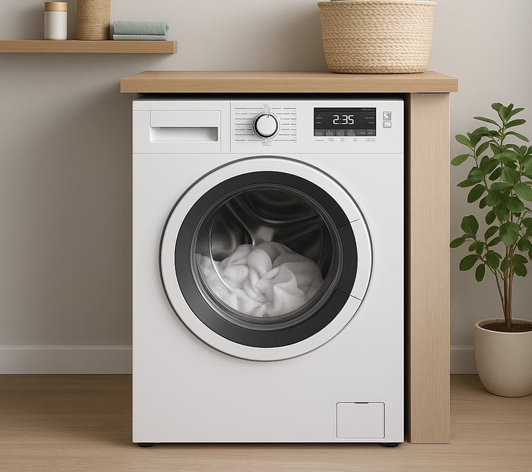 Blomberg front-load dryer in a modern laundry room with shelves and a potted plant.