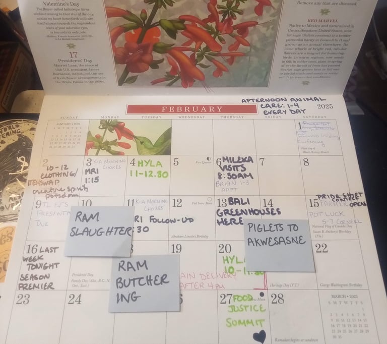 a calendar with notes about projects on the farm and with neighbors