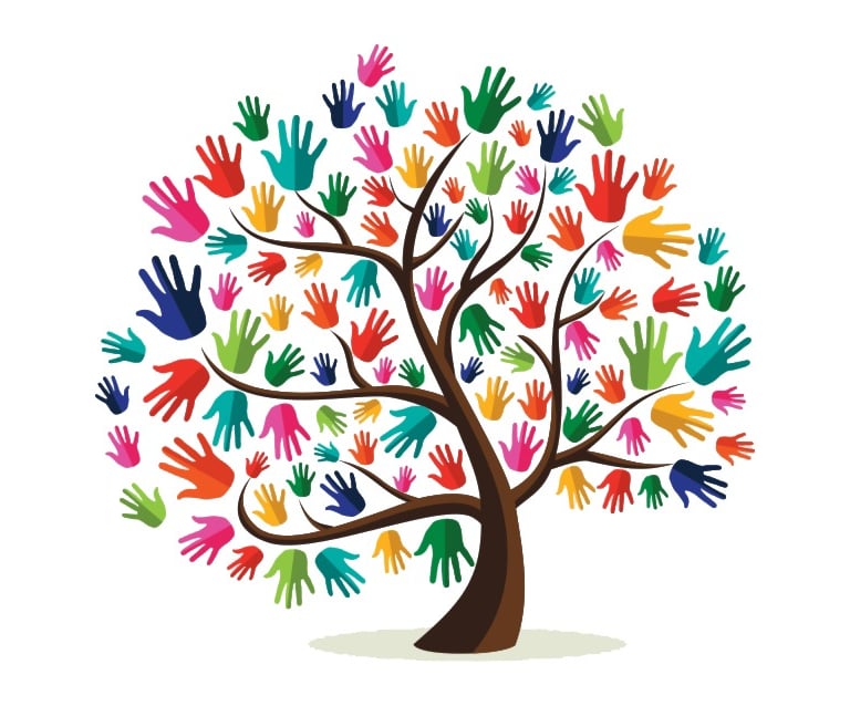A tree with colourful helping hands as leaves.