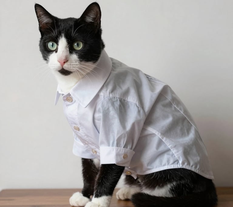 Gato negro y blanco con camisa guayabera