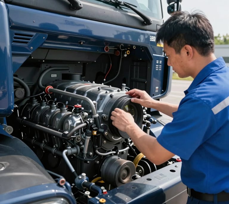 Close-up of a professional driver in a clean uniform inspecting a heavy-duty truck engine in crisp morning daylight, professional industrial photography