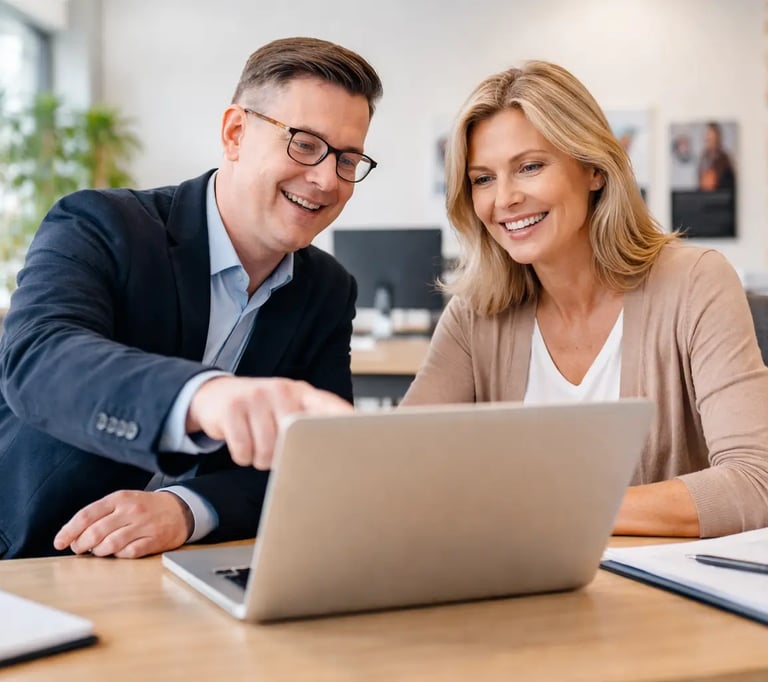 Homme et femme échangeant dans un bureau autour d’un ordinateur, illustrant le professionnalisme en aide à domicile