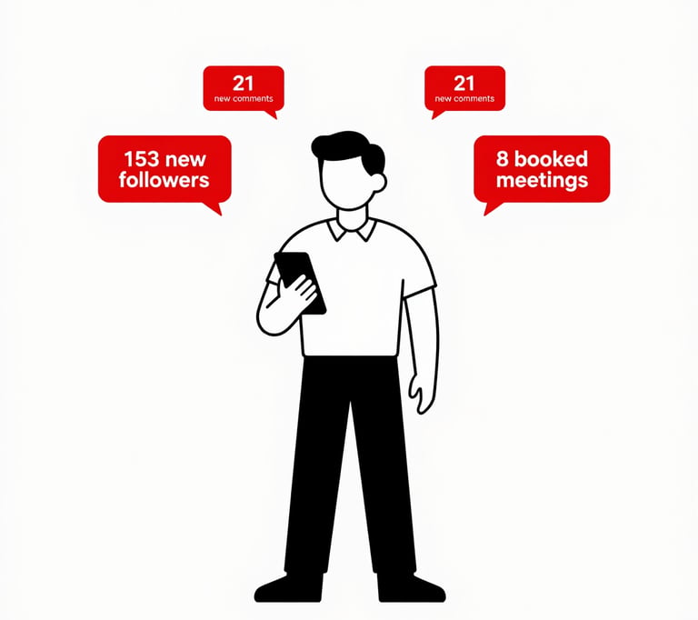 A group of professional marketing experts collaborating in a bright, modern North American / US studio office. They are gathered around a large screen, showing a professional and results-driven atmosphere. The room features soft cream walls and muted steel blue furniture accents. Natural morning light fills the space.