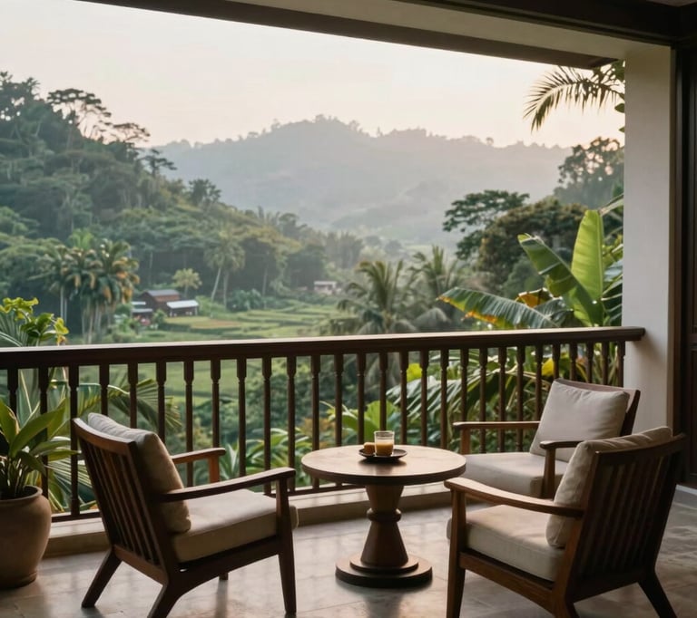 Photography of a serene luxury boutique hotel balcony overlooking a lush tropical valley, elegant wooden furniture, soft morning light, peaceful and sophisticated atmosphere, Global / International setting.