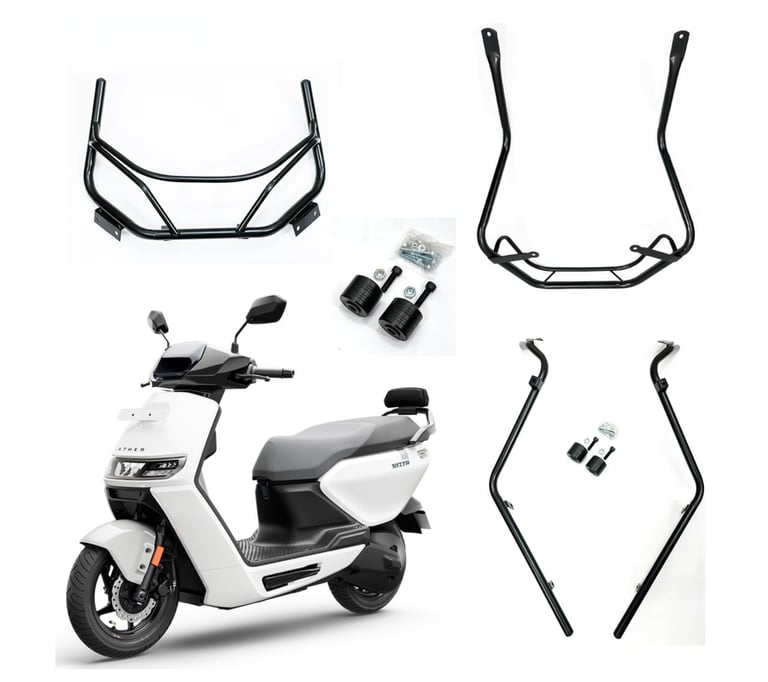 A white Ather electric scooter with various black guard and accessory components surrounding.