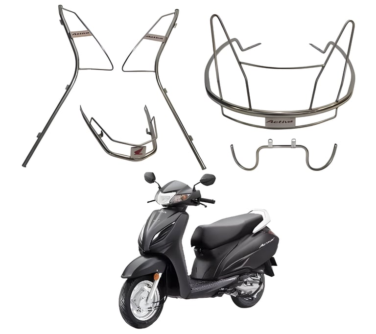 A matte black Honda Activa scooter shown below a disassembled dark metallic guard set.