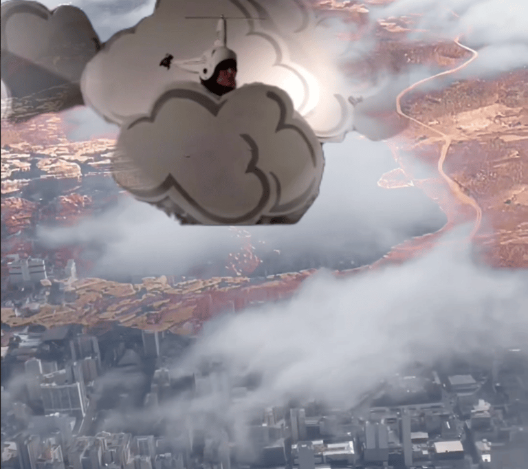 An overview of Curitiba Brazil and Canyonlands with image of a person dressed as helicopteri