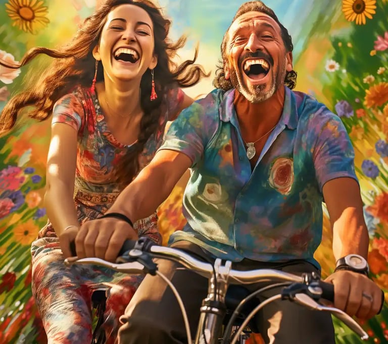 a man and woman riding a bicycle in a field