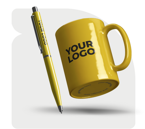Branded promotional products including custom drinkware, pens, and tote bags