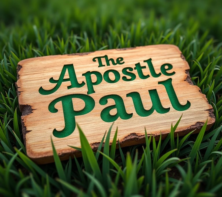 The Apostle Paul carved into a piece of wood on a grassy field.
