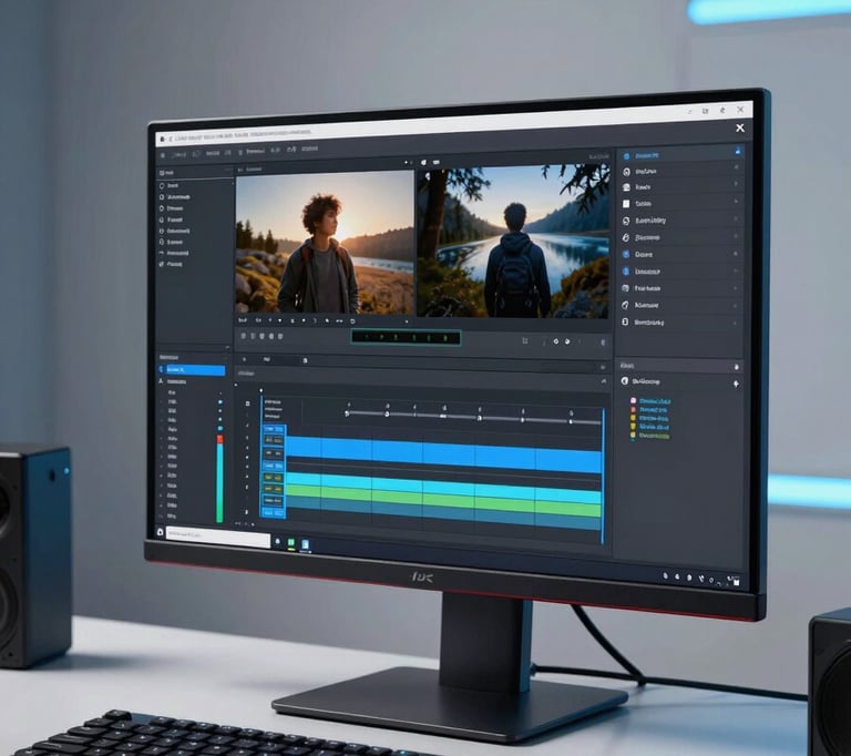 A high-end computer setup in a sleek Iberian / Latin American studio, showing a 4K monitor with a professional AI video editing interface, Sky Blue accent lighting, clean and modern aesthetic.