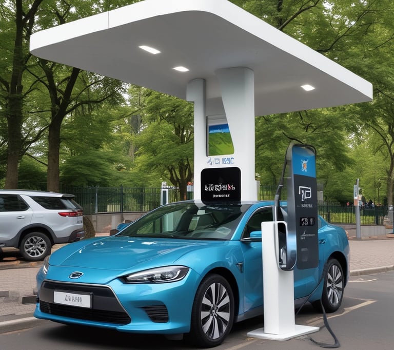 A modern electric vehicle charging station is prominently displayed with the branding 'EV Power' and a capacity of 150kW. The charger features a digital screen and contactless payment options. In the background, an electric car is partially visible under a canopy.
