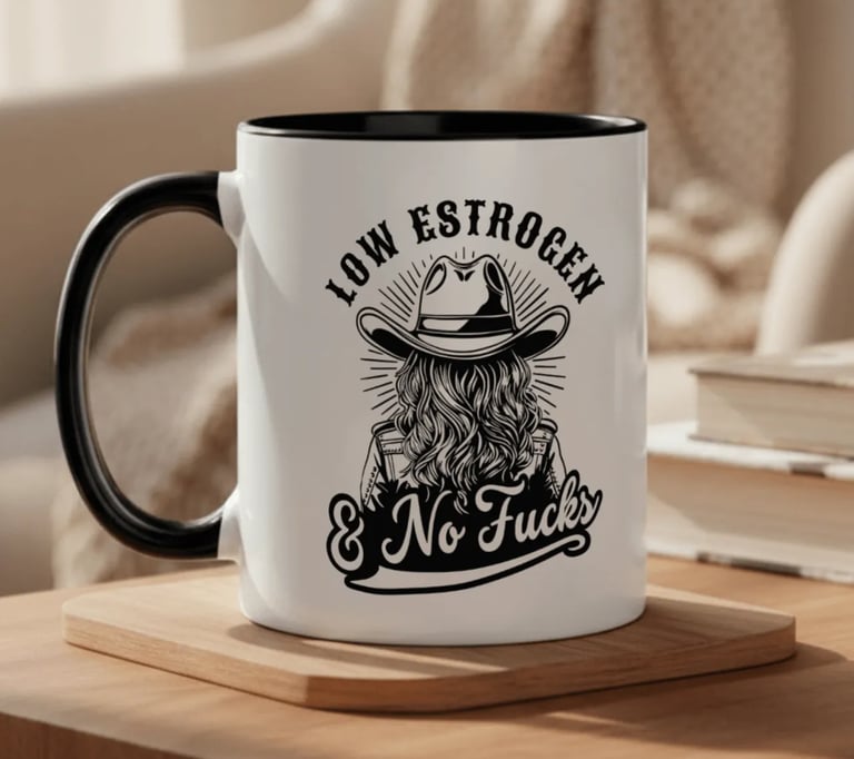 a mug with a woman wearing a cowboy hat and text that says "low estrogen & no fucks".