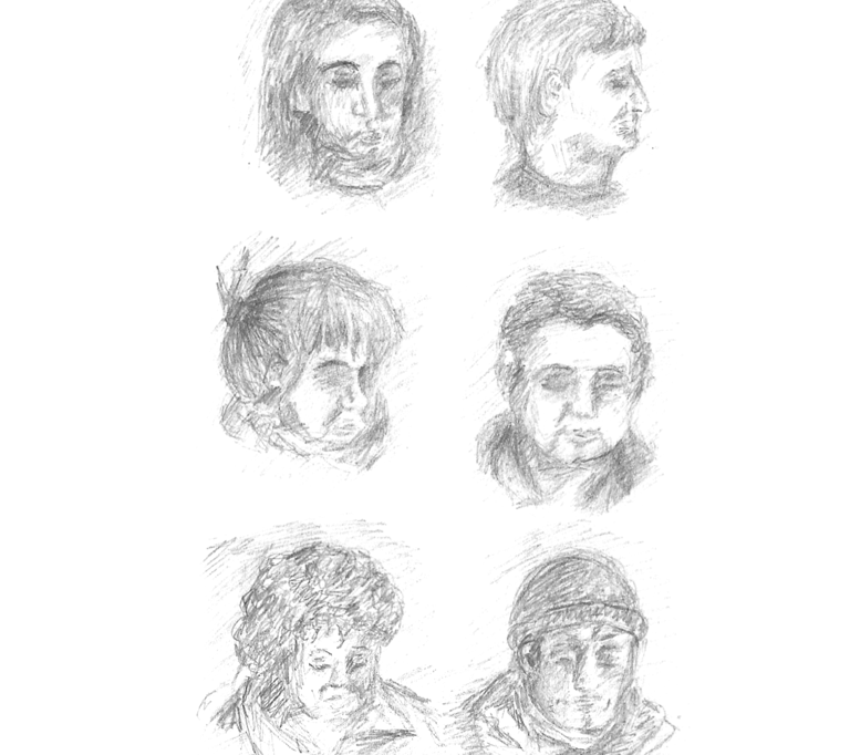 Schnelle Bleistiftskizzen von Personen unterwegs.