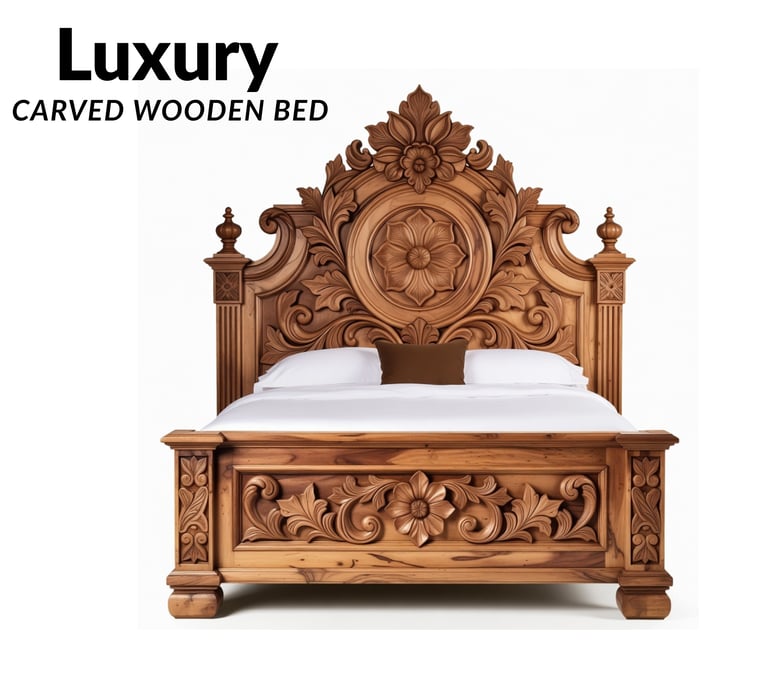 Luxury hand-carved wooden bed from Saharanpur, UP — featuring intricate floral & scrollwork carvings
