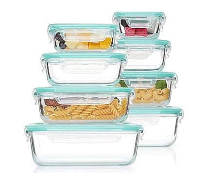 Vtopmart 8-pack borosilicate glass meal prep containers with airtight snap-locking lids.