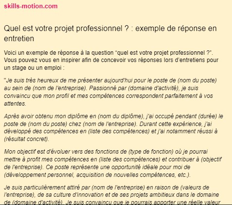 quel est votre projet professionnel entretien exemple