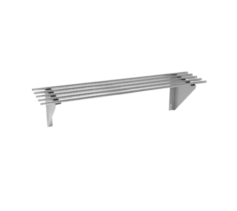Tubular wall shelf made from heavy duty stainless steel with brackets, ideal for drying or storing kitchen equipment.