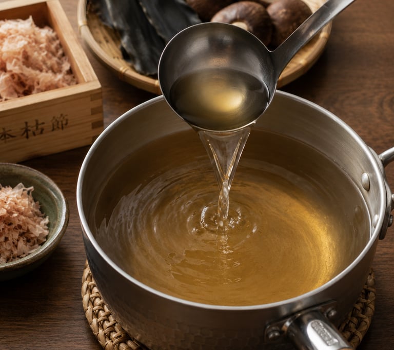 Ladle pouring clear Japanese dashi stock into a pot with kombu, shiitake, and bonito flakes.