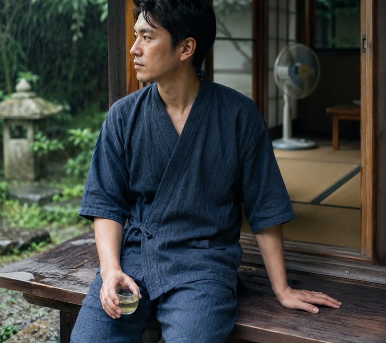 A man in a navy blue jinbei sitting on a wooden porch of a traditional Japanese house during a rain shower.