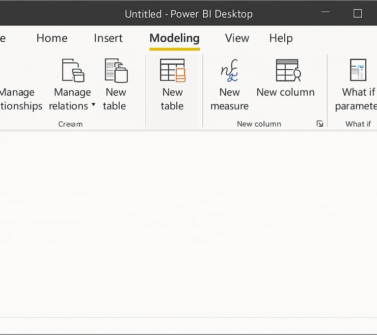 Power BI Desktop Modeling tab ribbon with the New Table icon highlighted, against a blank report canvas."