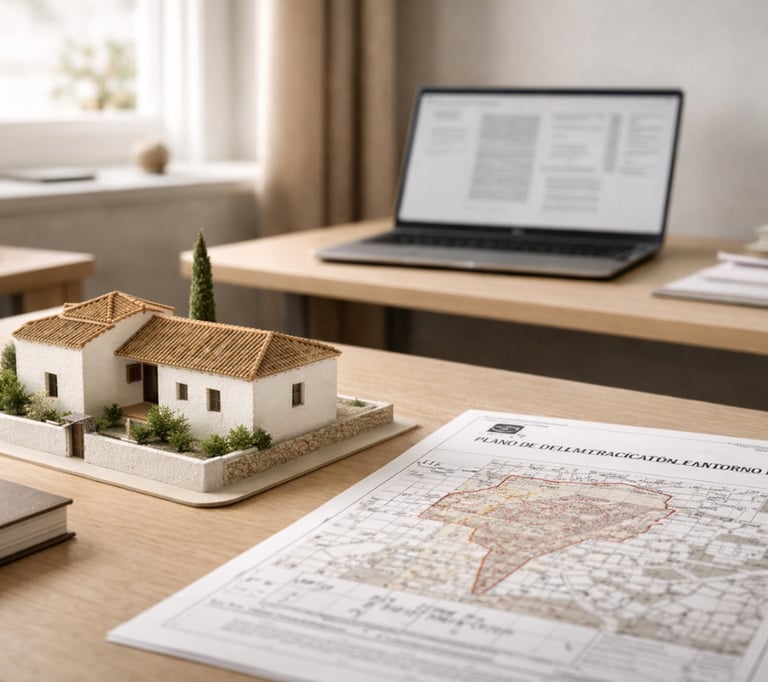 Mesa de trabajo de consultoría de patrimonio con plano de delimitación de entorno BIC, maqueta de re
