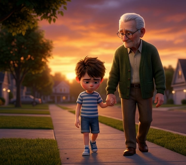 An elderly grandfather and young grandson walking hand-in-hand through a suburban neighborhood at sunset.