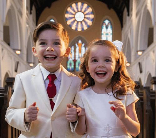 A boy and a girl at their first communion ceremony