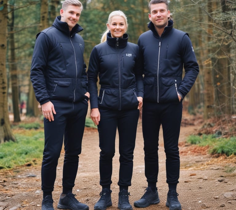 A model wearing moss green technical jacket standing on a misty Mourne mountain trail under overcast skies.