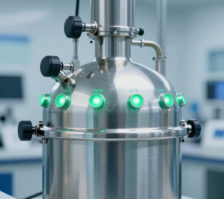 A close-up of a high-tech bioreactor used for renewable fuel production, featuring sleek metallic surfaces and green glowing indicators, set in a clean industrial lab using #1B3A32 and #4F7E6B tones.
