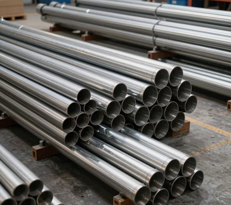 Wide-angle photography of an organized industrial warehouse filled with stainless steel pipes and plates, natural light highlighting the metallic textures, professional and clean Brazilian facility.