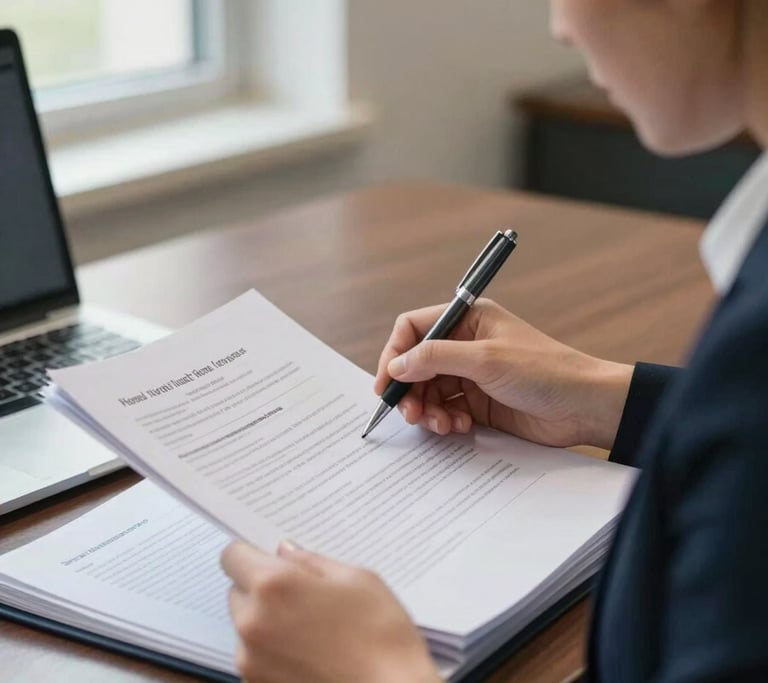 Close-up of a professional woman reviewing case documents at a conference table, forensic assessment binder open, pen in hand, natural window light from the left, documentary realism, institutional setting, no wellness aesthetics