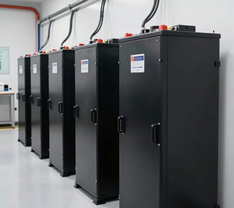 A row of sleek, black industrial lithium battery banks installed against a white wall in a clean South American industrial facility, well-organized cabling, high-key lighting, professional engineering aesthetic.