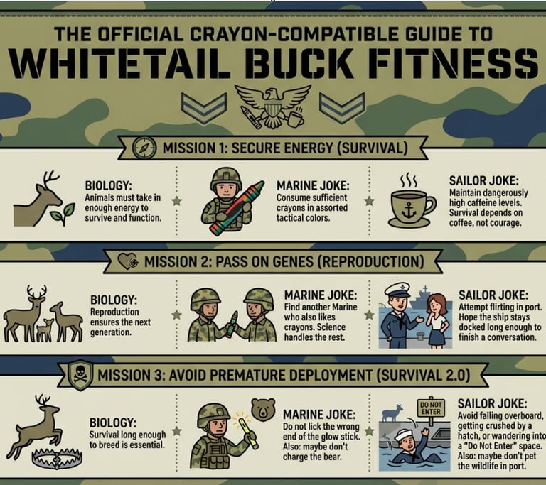Humorous infographic guide to whitetail buck fitness comparing deer biology with military marine and sailor jokes.