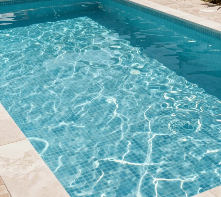 A wide-angle shot of a newly constructed swimming pool with crystal clear water and light blue mosaic tiles, set in a contemporary Mediterranean garden in Spain.