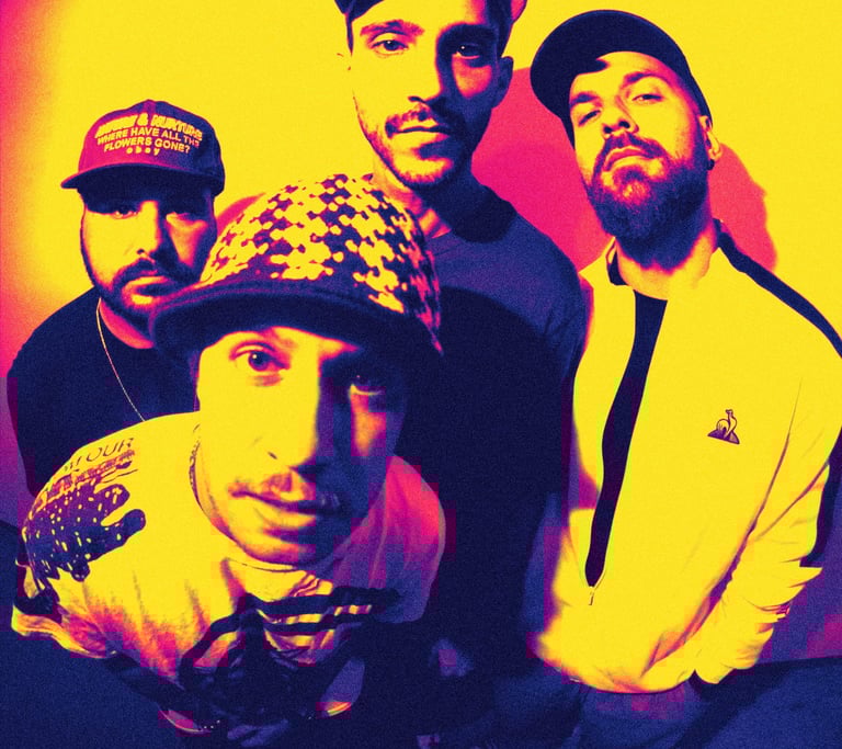 Stylized band portrait featuring four men in hats with a high-contrast yellow and purple duotone filter.