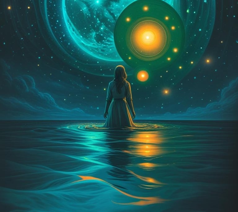 Spiritual illustration of a person standing in a cosmic landscape with golden lights