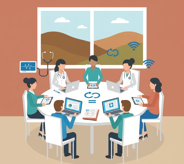 Rural healthcare team collaborating around conference table with laptops and documents, representing