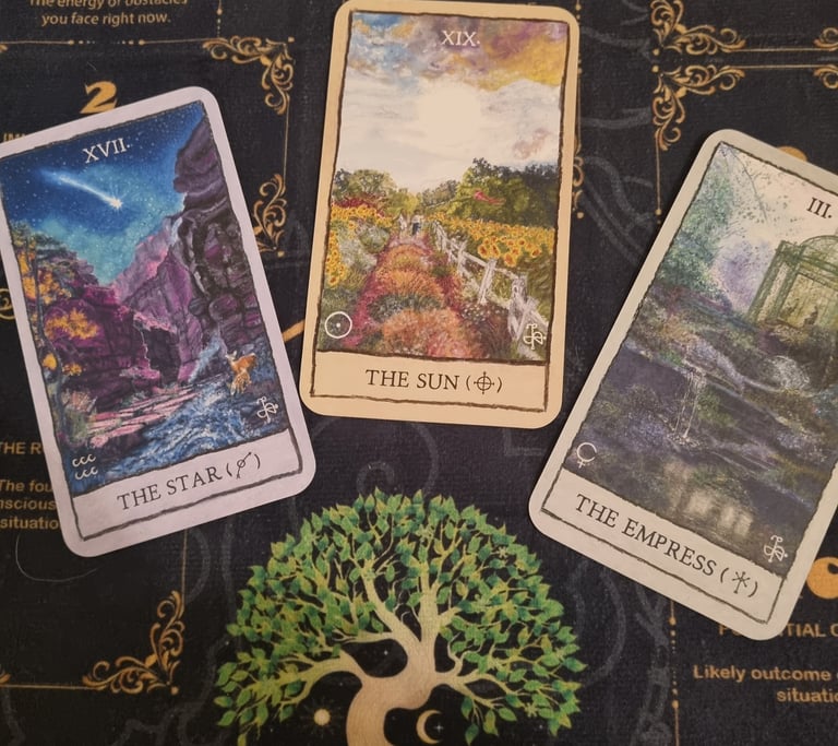 3 tarot cards the star, the sun, the empress