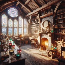  Buhardilla antigua llena de pócimas y libros mágicos