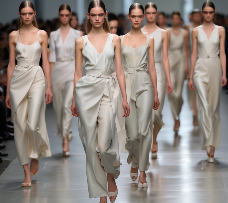 A diverse group of models walks confidently down a runway, showcasing a variety of fashion styles including metallic and patterned fabrics. The setting is a fashion show, and the models display an array of outfits ranging from casual to formal wear. Their expressions are serious and focused, reflecting the professional atmosphere of the event.