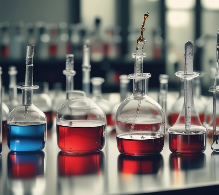 Series of glass bottles indicating chemical synthesis